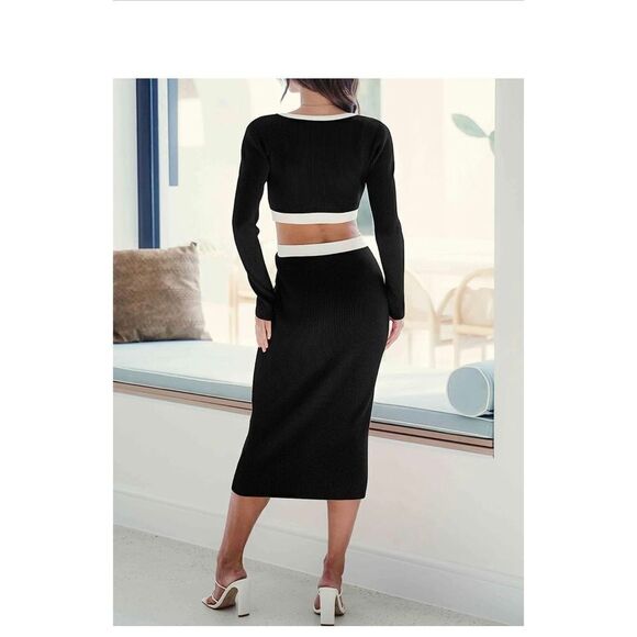 Prinbara Women's Crewneck Long Sleeve Waist Cutout Bodycon Knitted Party Midi Dr - Picture 2 of 7